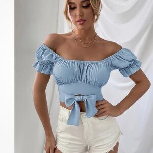 LYANER Blue Off-Shoulder Boho Tie-Front Crop Top M NWOT